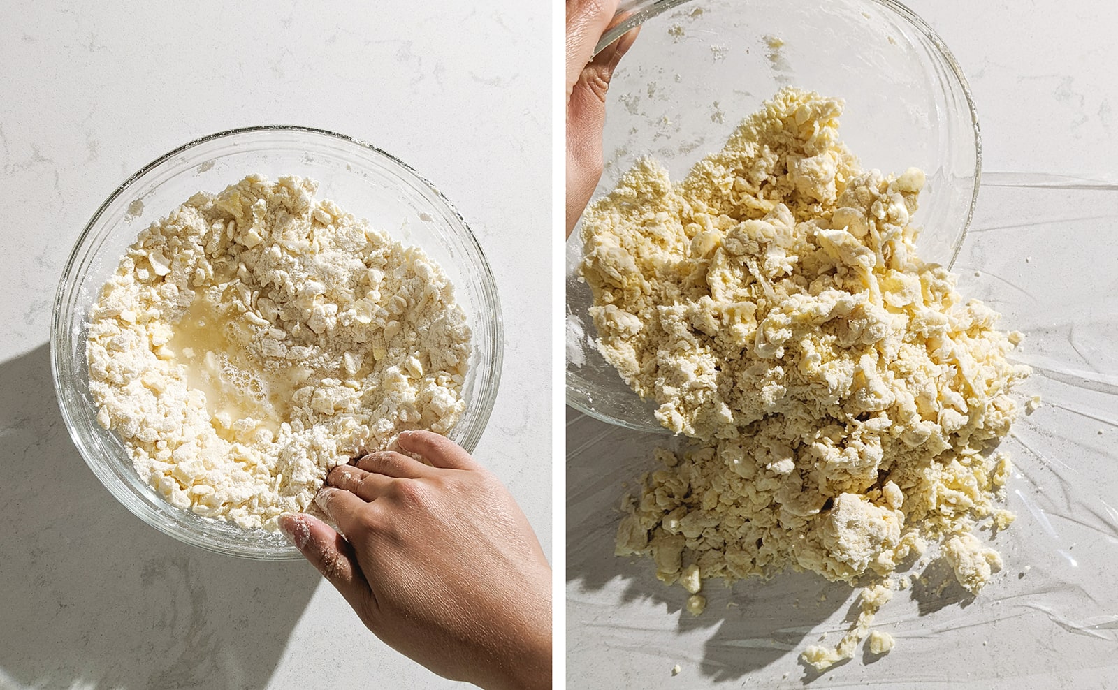 Left to right: a well in the middle of a bowl of pie dough filled with water, pouring shaggy pie dough out onto counter.