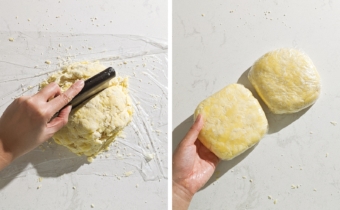 Left to right: hand cutting pie dough in half with a bench scraper, two discs of pie dough wrapped in plastic wrap.