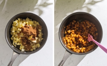 Left to right: apple pie filling ingredients in a pot, apple pie filling in a pot after being cooked.