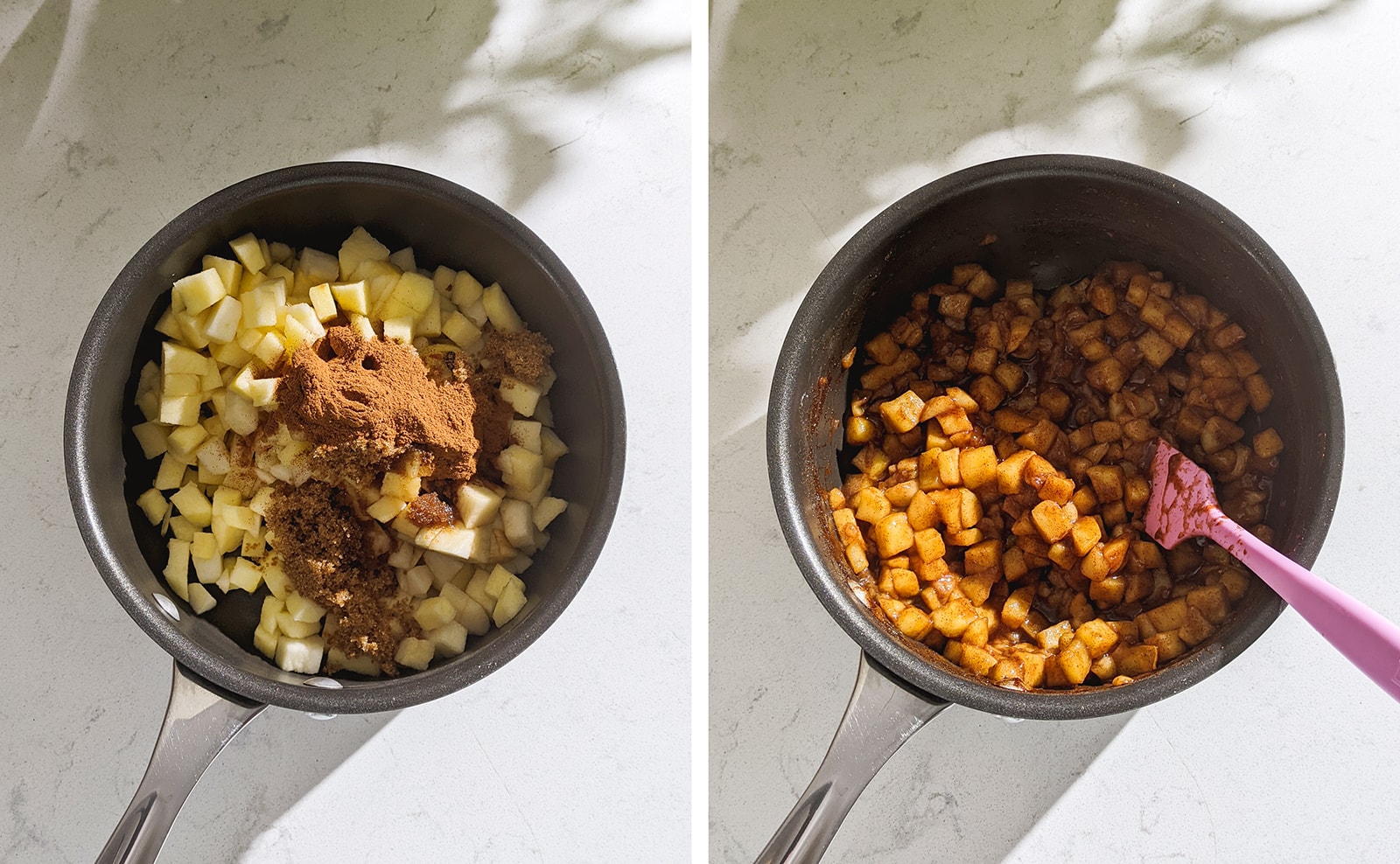 Left to right: apple pie filling ingredients in a pot, apple pie filling in a pot after being cooked.