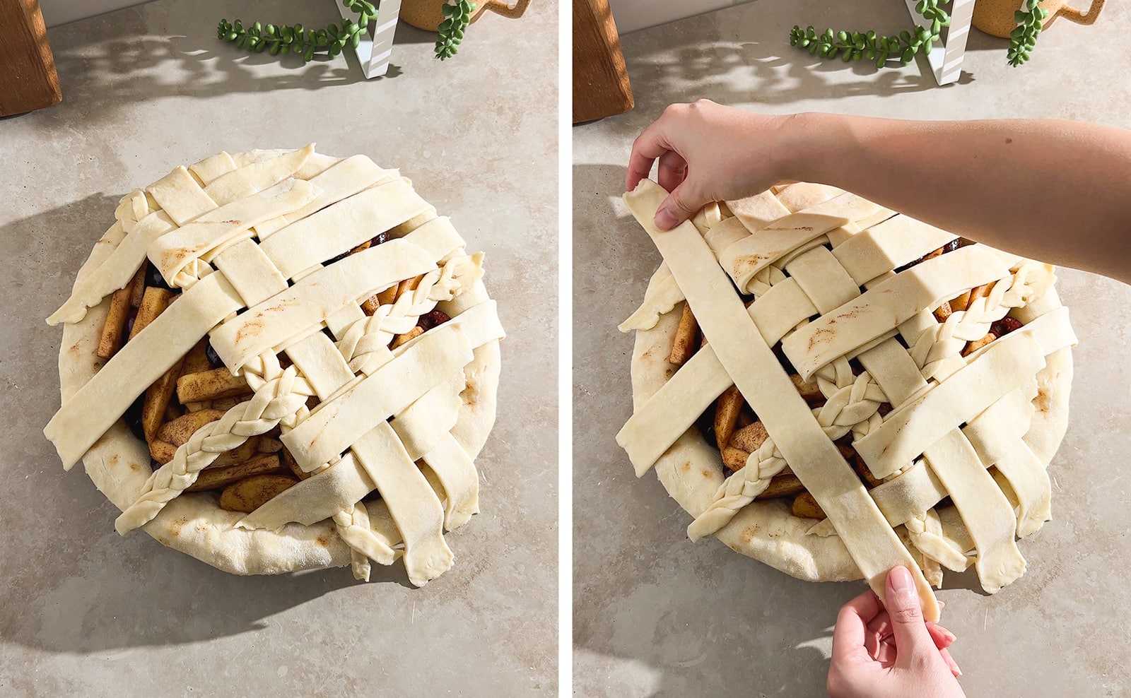 Left to right: strips of dough latticed on top of pie filling, hands placing strip of dough on top of pie.