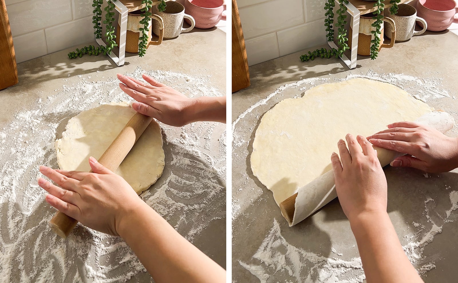 Left to right: hands rolling out a disc of dough, hands rolling dough around rolling pin.