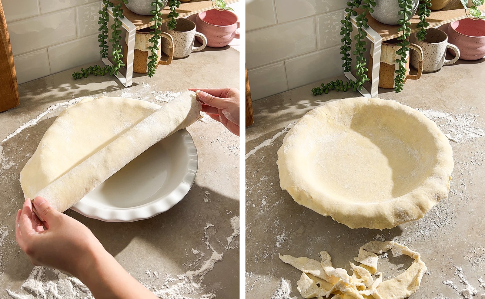 Left to right: unrolling sheet of dough on top of pie dish, pie dish lined with dough.