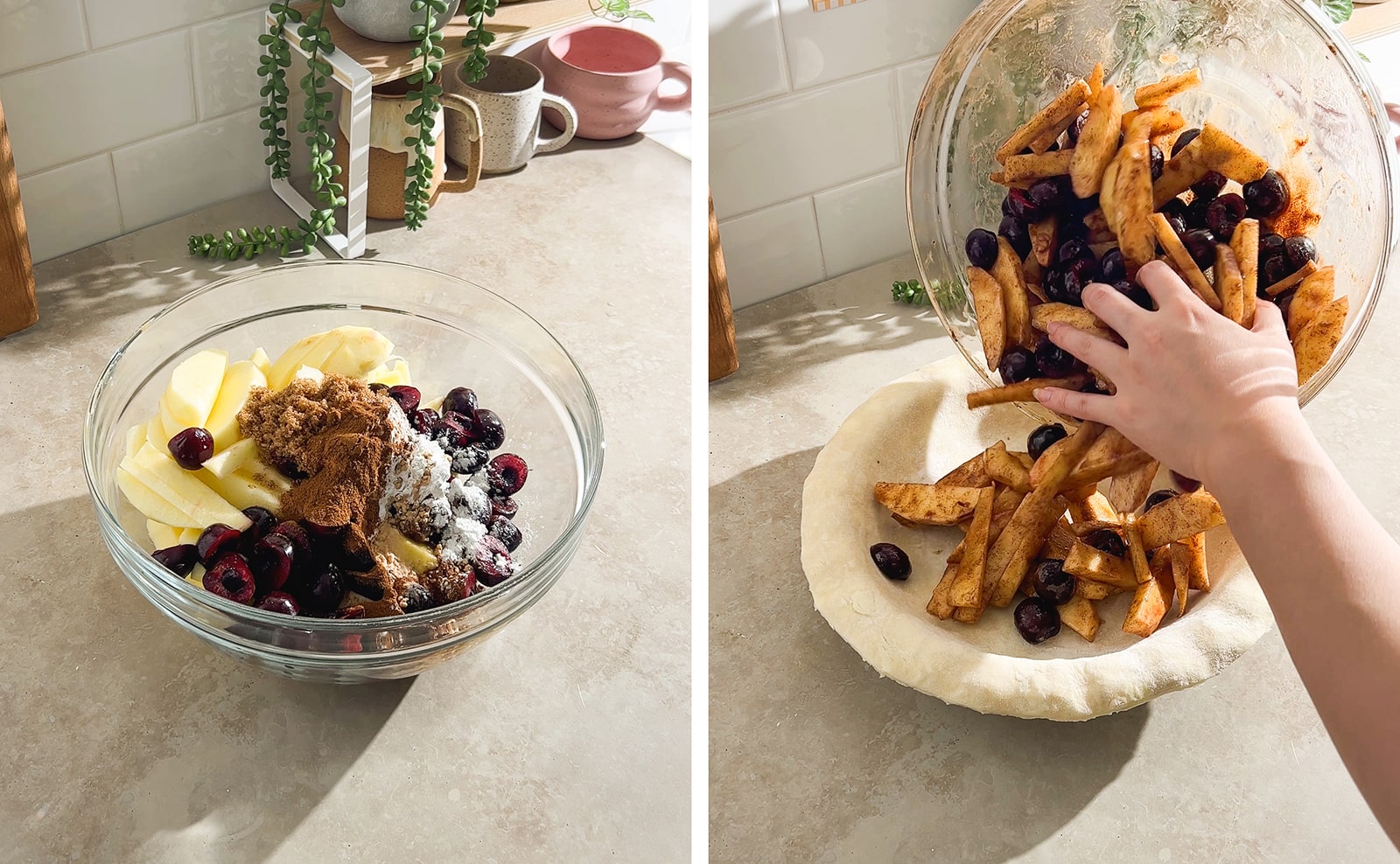 Left to right: a mixing bowl of fruit and spices, pouring fruit filling into pie dish.