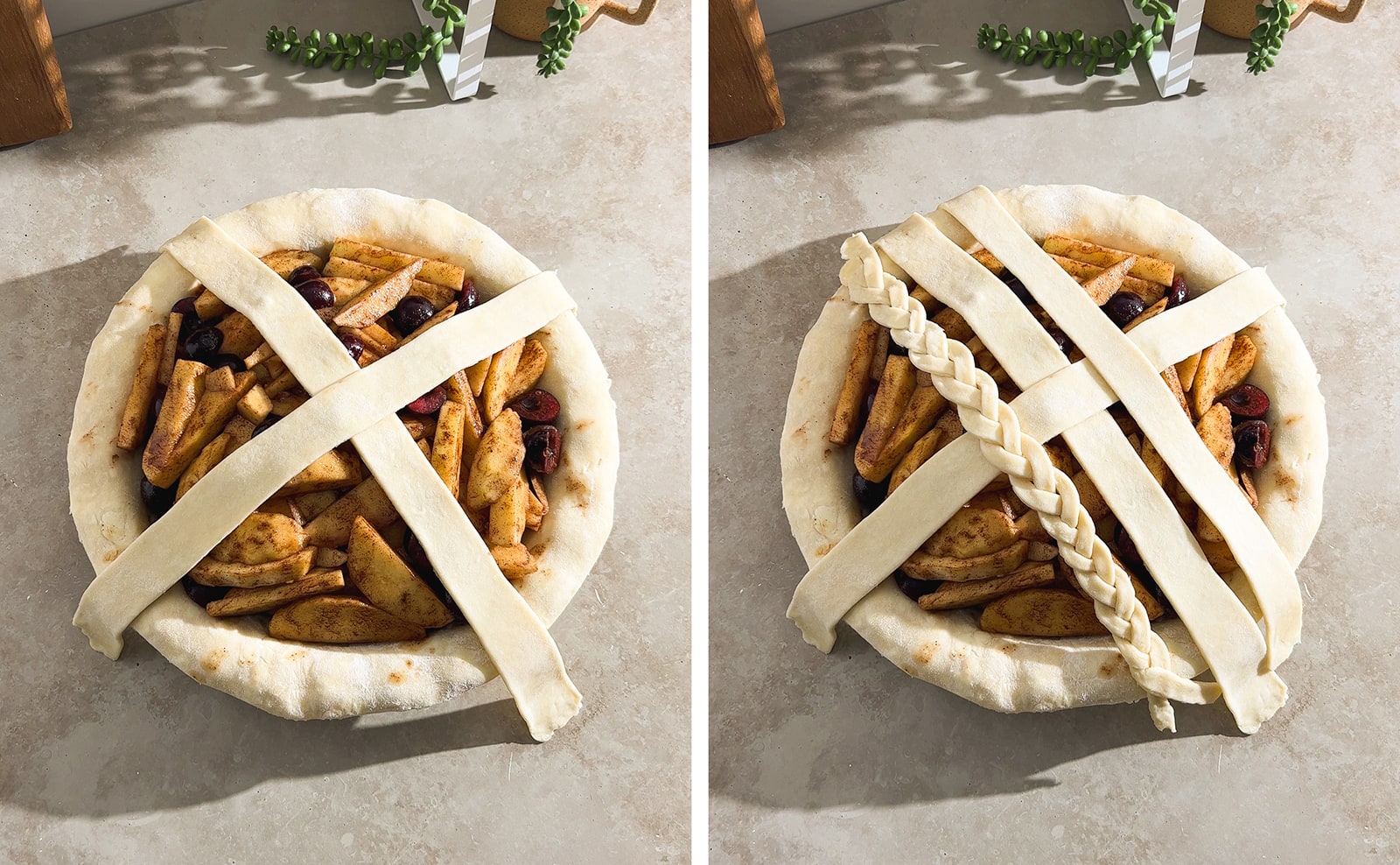 Left to right: two strips of dough placed in a cross on top of pie filling, four strips of dough arranged on pie filling.