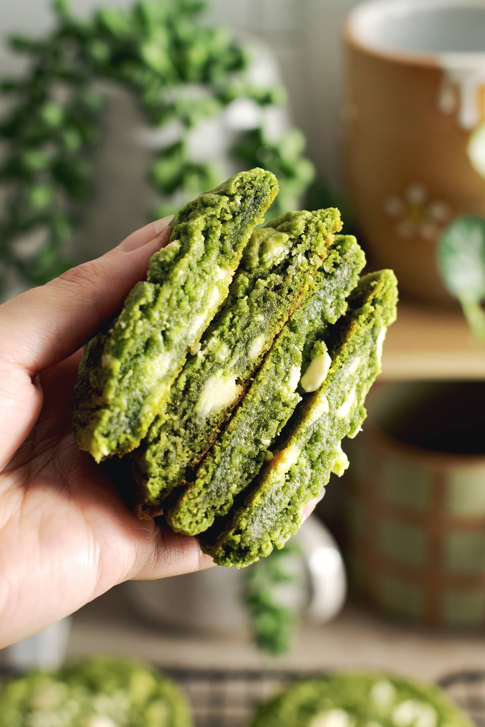 Hand holding four matcha cookies cut in half to show the gooey insides.
