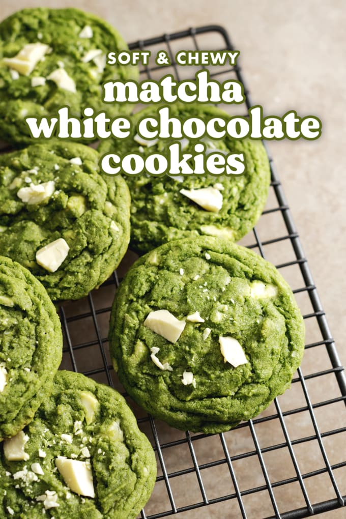 Matcha cookies scattered on a wire rack.