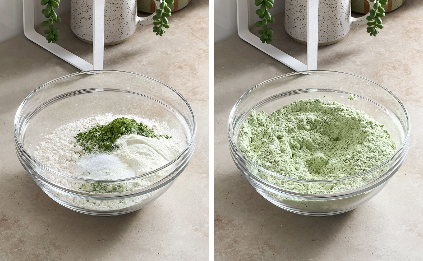 Left to right: flour and dry ingredients in a mixing bowl, matcha flour mixture in a mixing bowl.