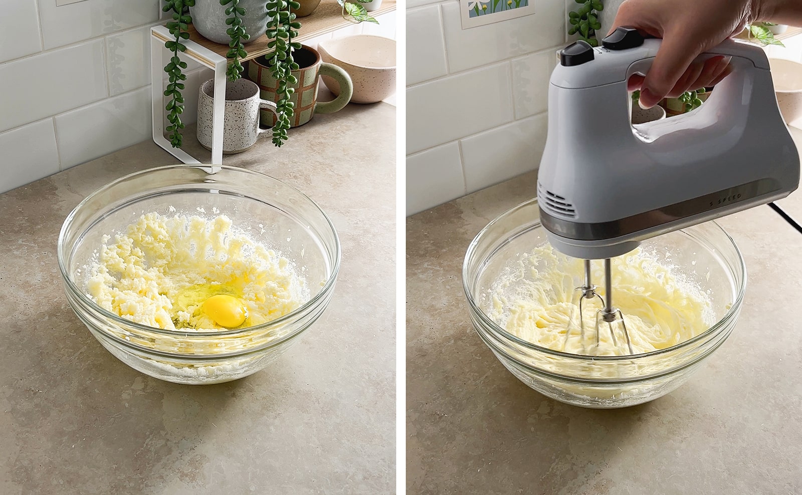 Left to right: egg cracked into a bowl of creamed butter mixture, hand mixer beating batter in a bowl.