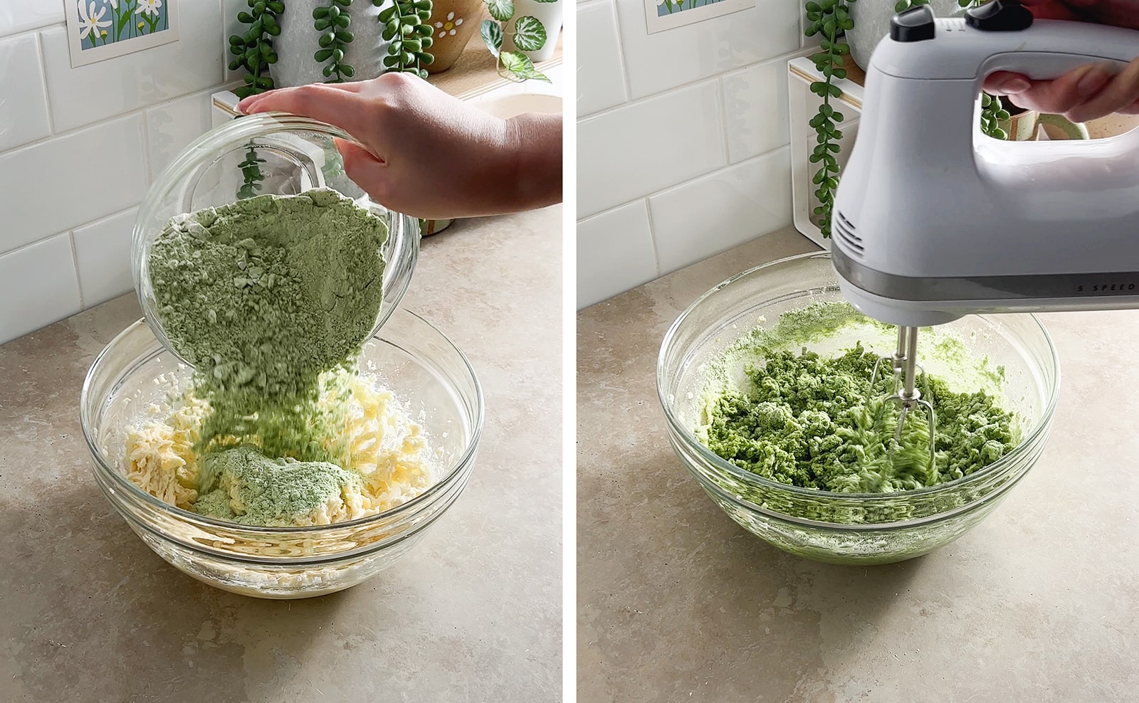 Left to right: pouring matcha flour mixture into wet mixture, hand mixer mixing matcha cookie dough in a bowl.