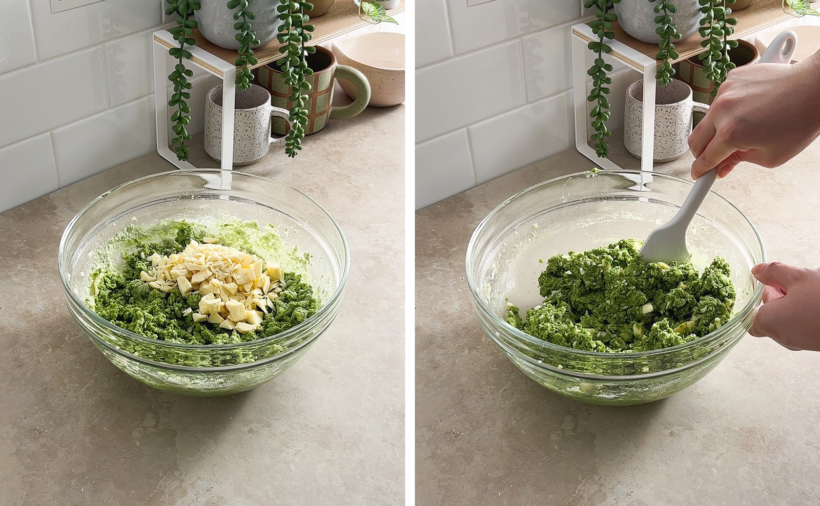 Left to right: white chocolate chunks in bowl of cookie dough, hand mixing matcha cookie dough with a spatula.