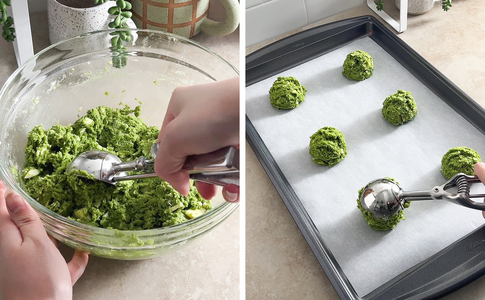 Left to right: scooping matcha cookie dough with an ice cream scooper, six cookie dough balls on a baking sheet.