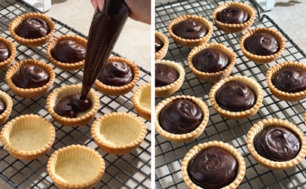 Left to right: piping chocolate ganache into tart shells, mini tart shells filled with chocolate ganache.