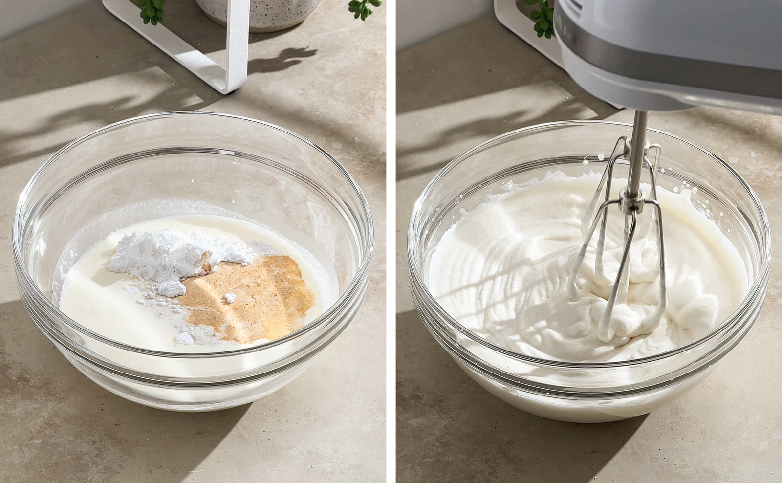 Left to right: ingredients for whipped cream in a bowl, beating whipped cream with a hand mixer.