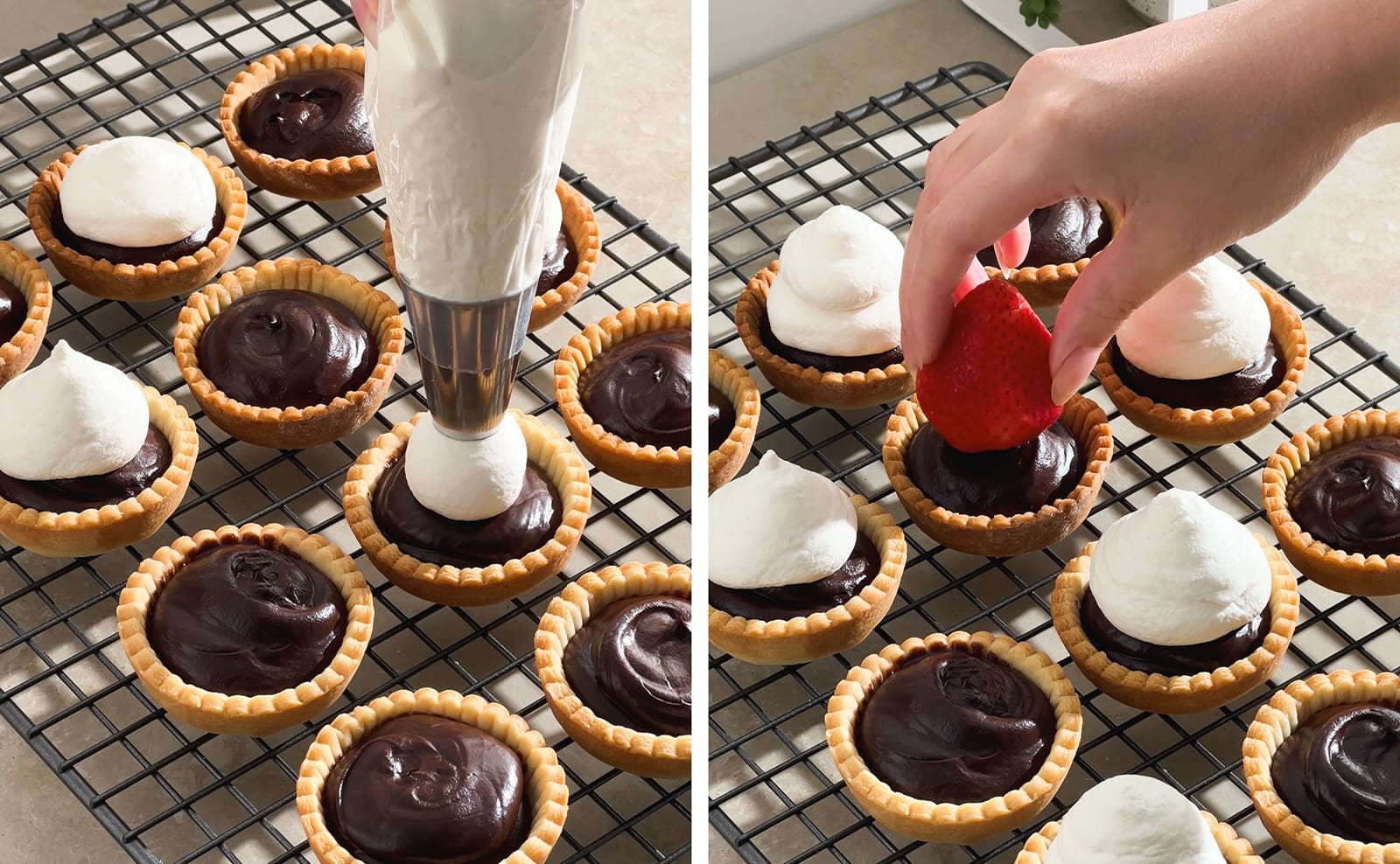 Left to right: piping whipped cream on top of mini tarts, hand placing strawberry on top of tart.