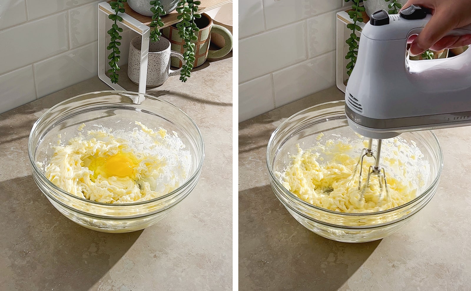 Left to right: an egg in a bowl of creamed butter and sugar, mixing batter with hand mixer.