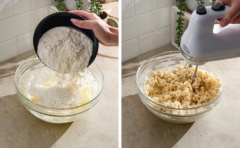 Left to right: pouring flour mixture into wet mixture, mixing dough with hand mixer.