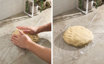 Left to right: hands pressing tart dough together, flattened disc of dough on a sheet of plastic wrap.