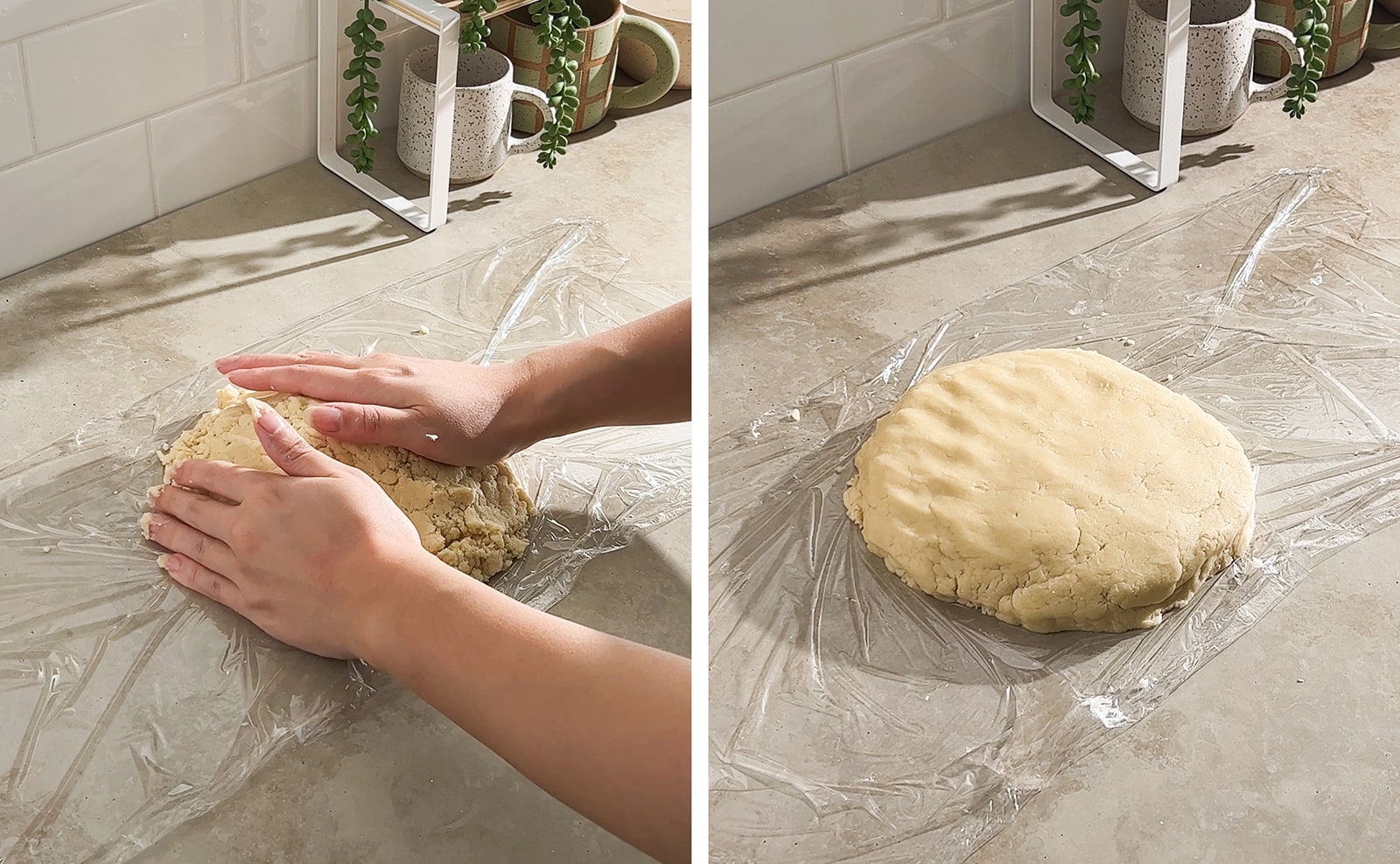 Left to right: hands pressing tart dough together, flattened disc of dough on a sheet of plastic wrap.