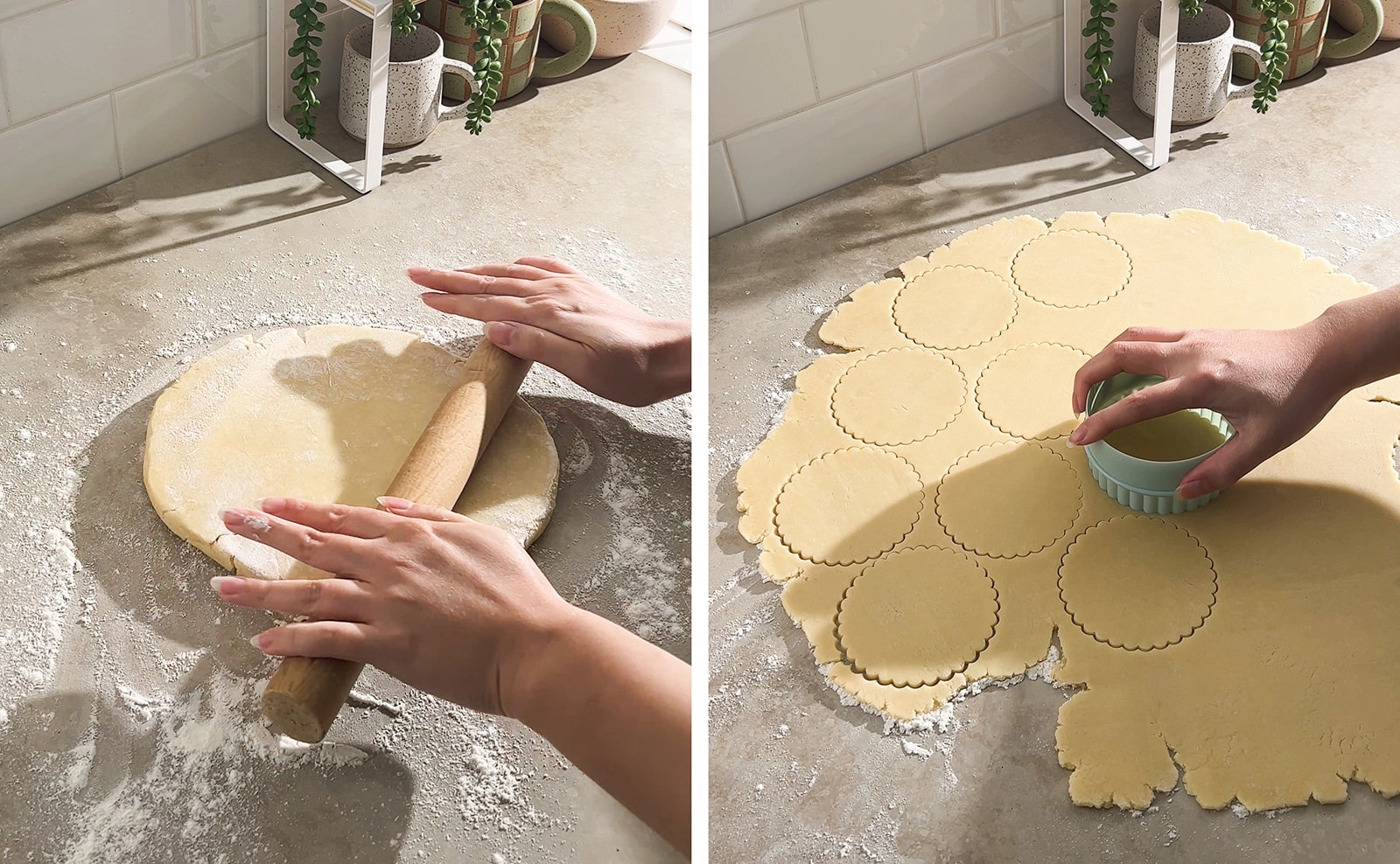 Left to right: rolling out tart dough with a rolling pin, cutting out dough rounds with a cookie cutter.