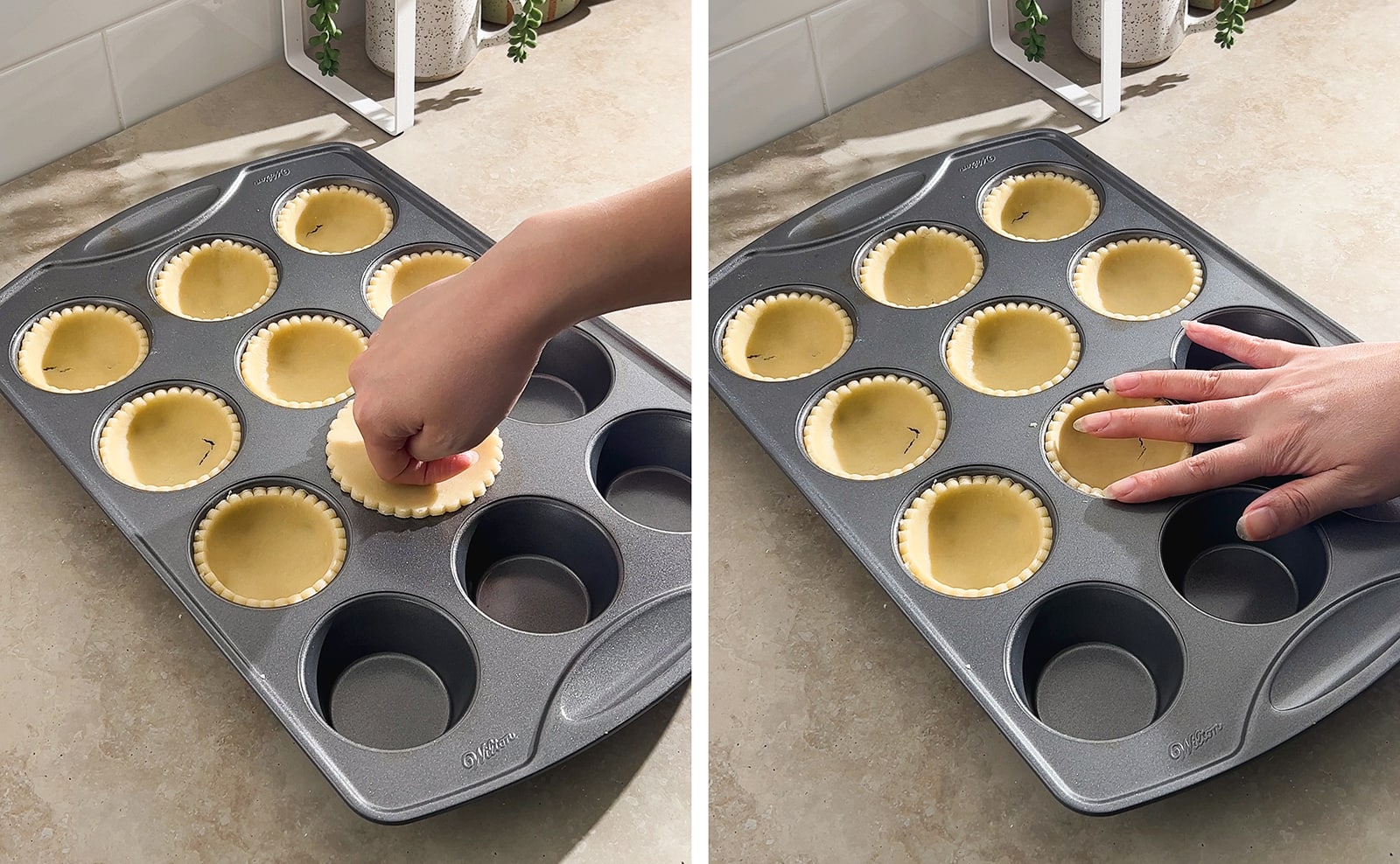 Left to right: pushing tart dough into muffin pan, hand pressing dough into muffin pan.