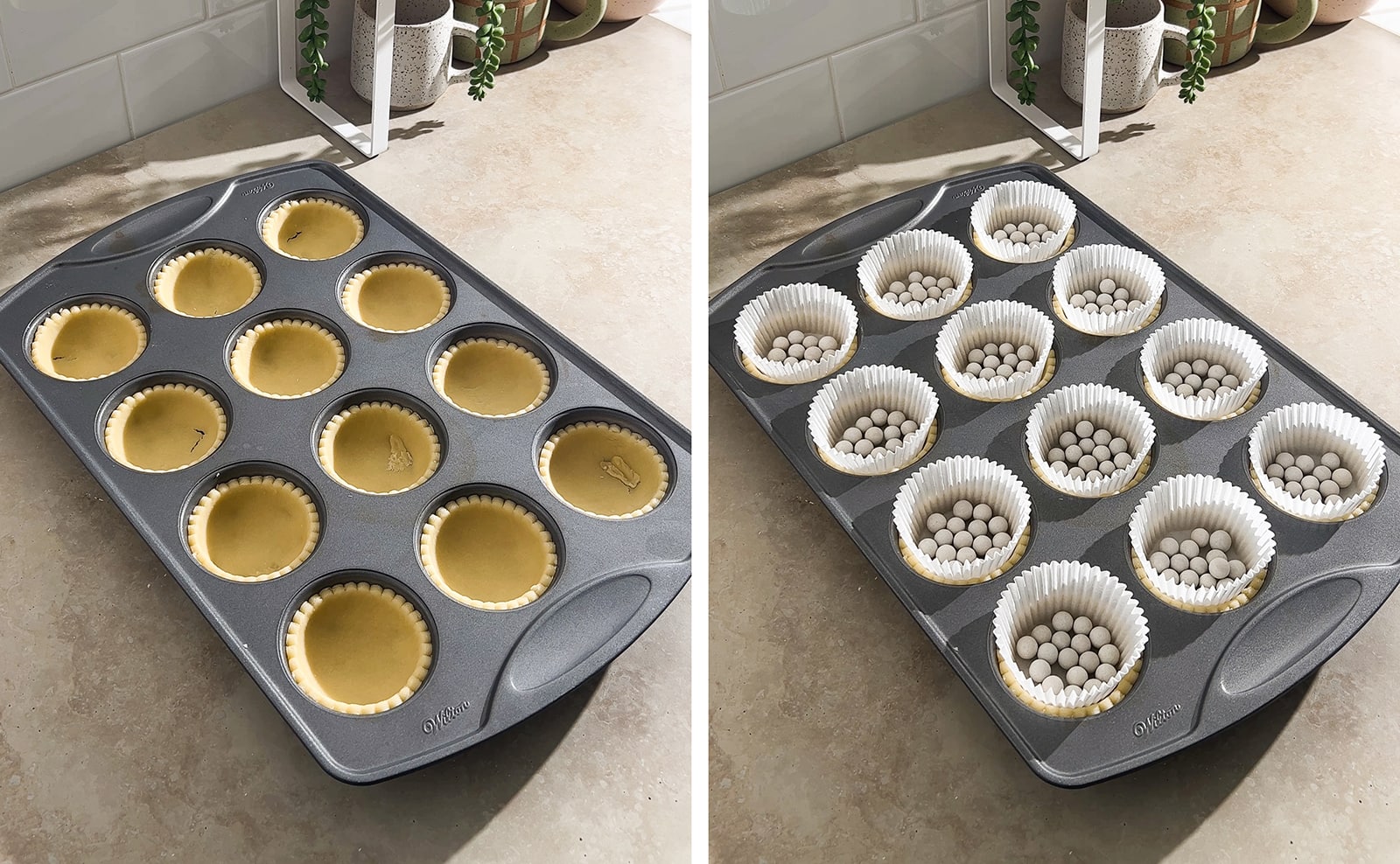 Left to right: muffin pan filled with tart dough, muffin pan filled with parchment liners and baking weights.