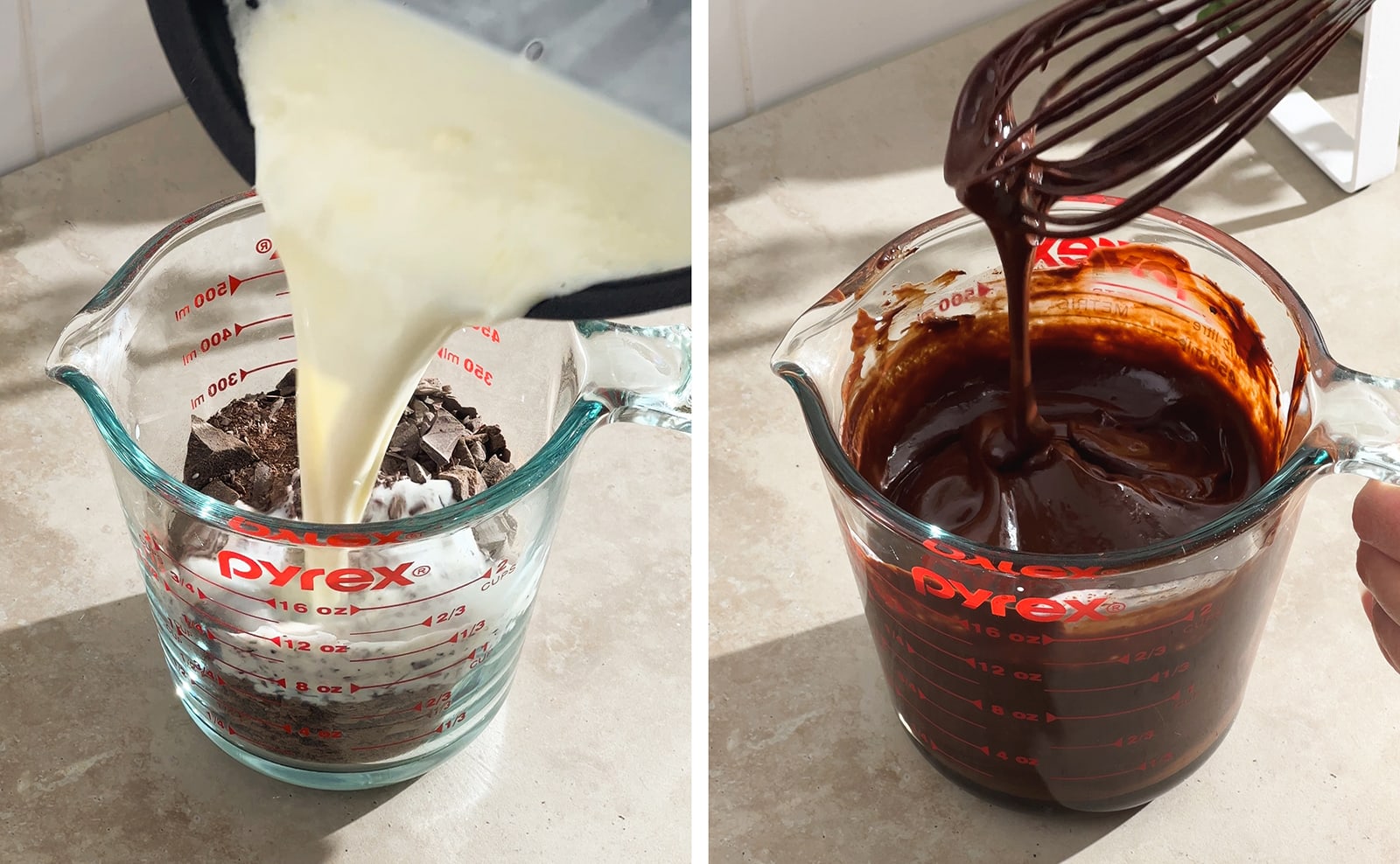 Left to right: pouring hot cream into cup of chopped chocolate, chocolate ganache dripping off whisk.