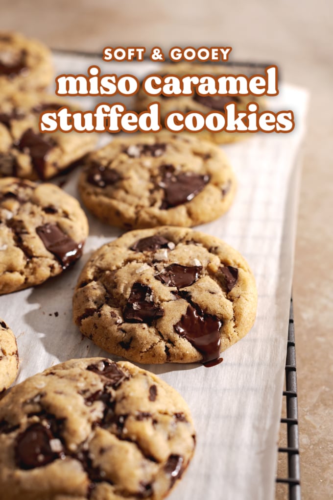 Miso cookies with melted chocolate dripping off the side of it.