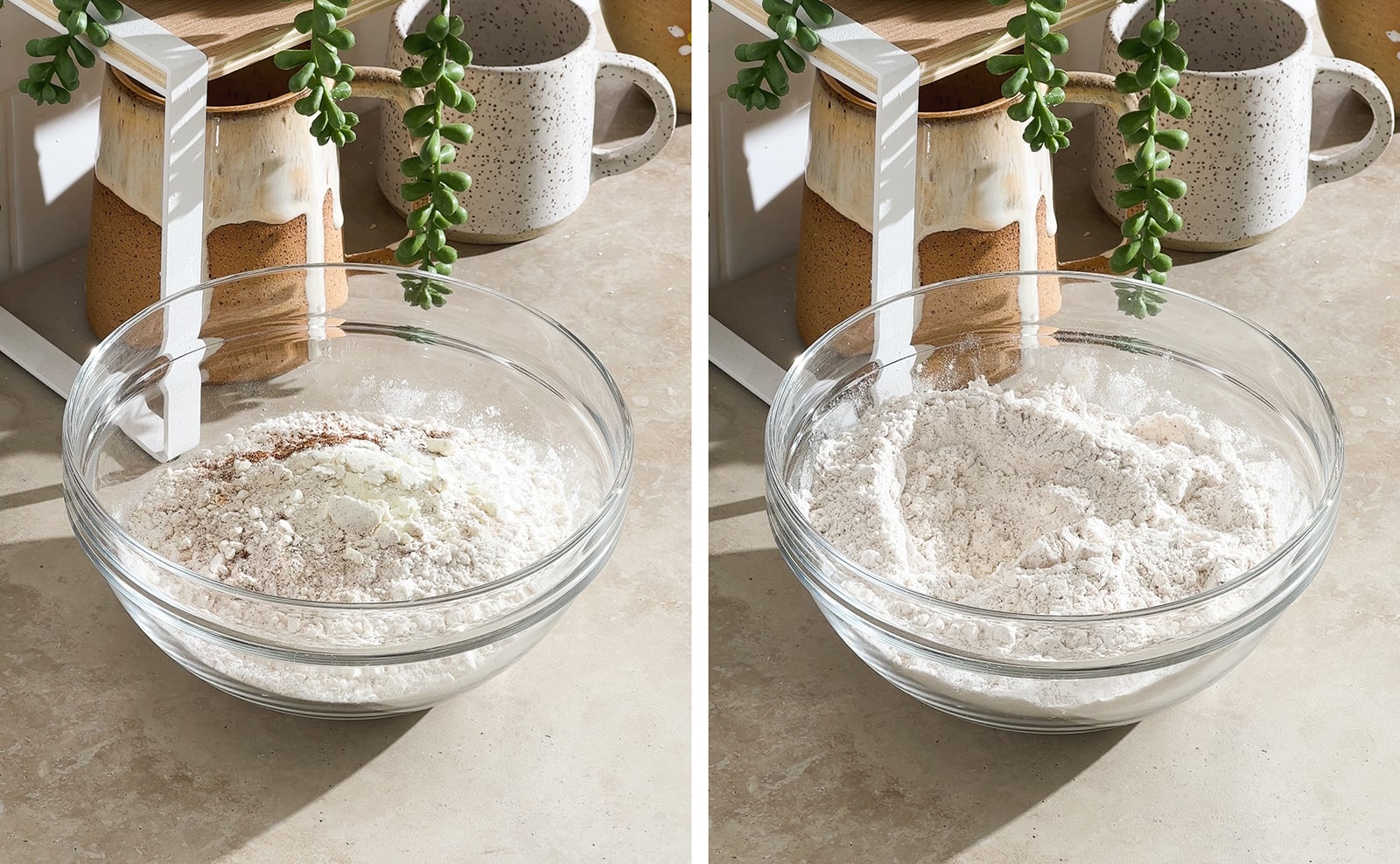 Left to right: dry ingredients in a mixing bowl, a bowl of mixed flour mixture.