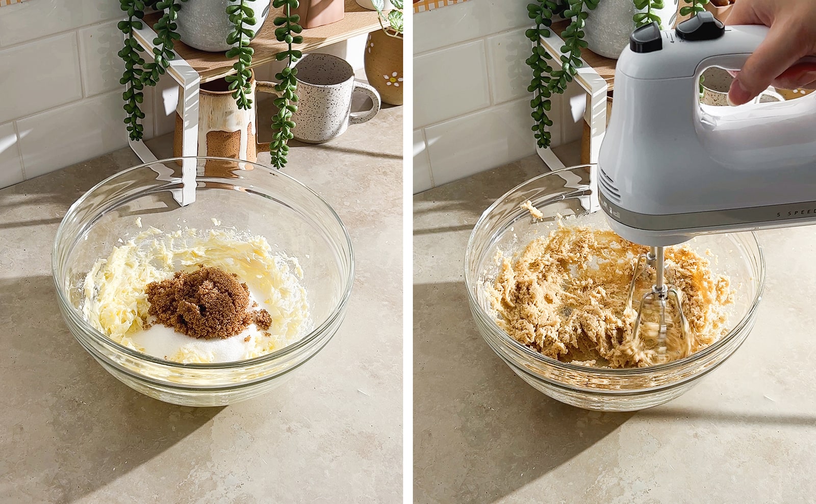 Left to right: sugar in a mixing bowl of butter, creaming butter and sugar together with a hand mixer.