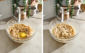 Left to right: an egg cracked into a bowl of butter mixture, cookie batter in a mixing bowl.