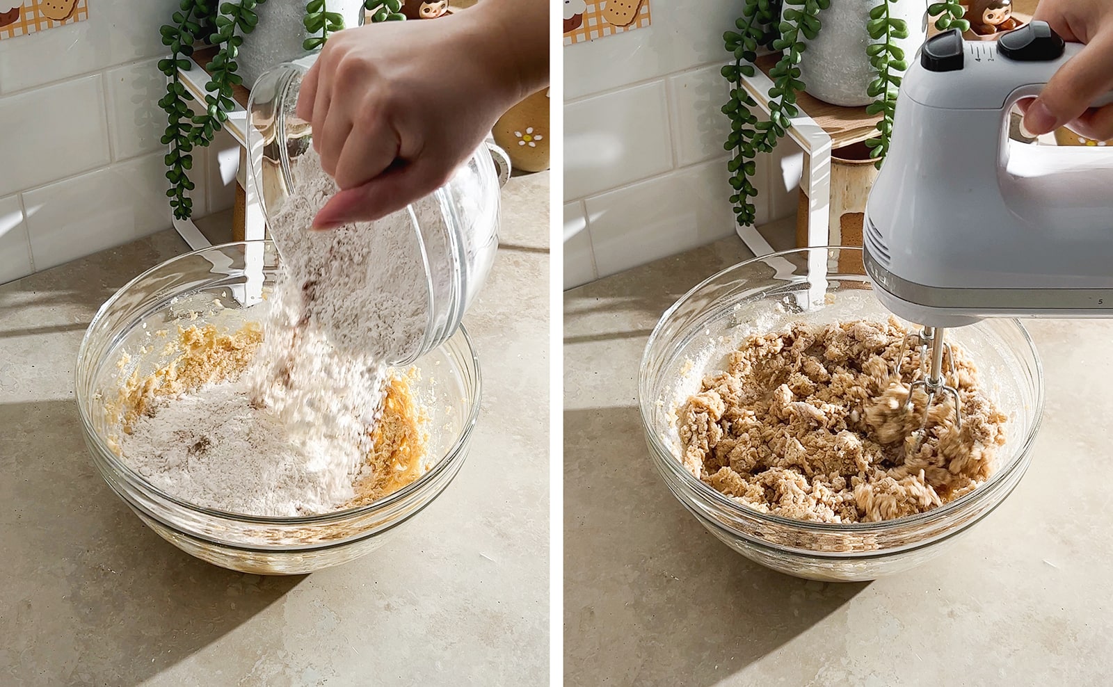 Left to right: pouring flour mixture into wet mixture, mixing cookie dough with hand mixer.