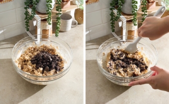 Left to right: chocolate chunks in bowl of cookie dough, mixing chocolate chunks into cookie dough with spatula.