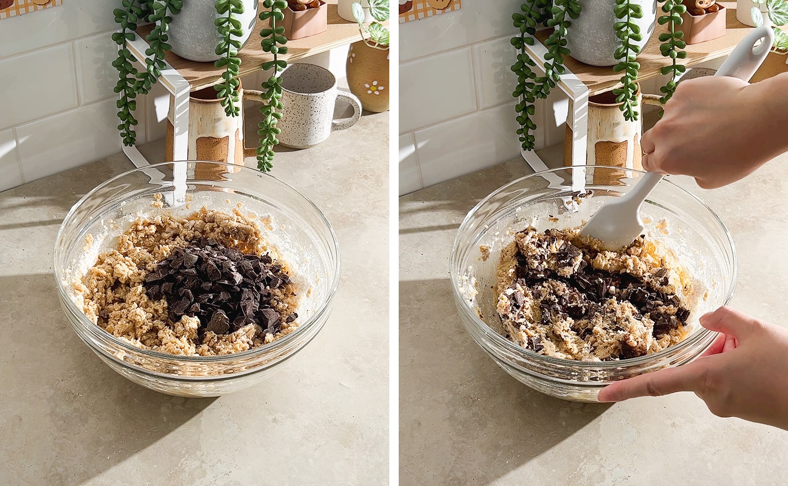 Left to right: chocolate chunks in bowl of cookie dough, mixing chocolate chunks into cookie dough with spatula.