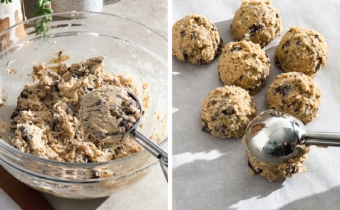 Left to right: scooping cookie dough with scooper, releasing cookie dough ball on parchment paper.