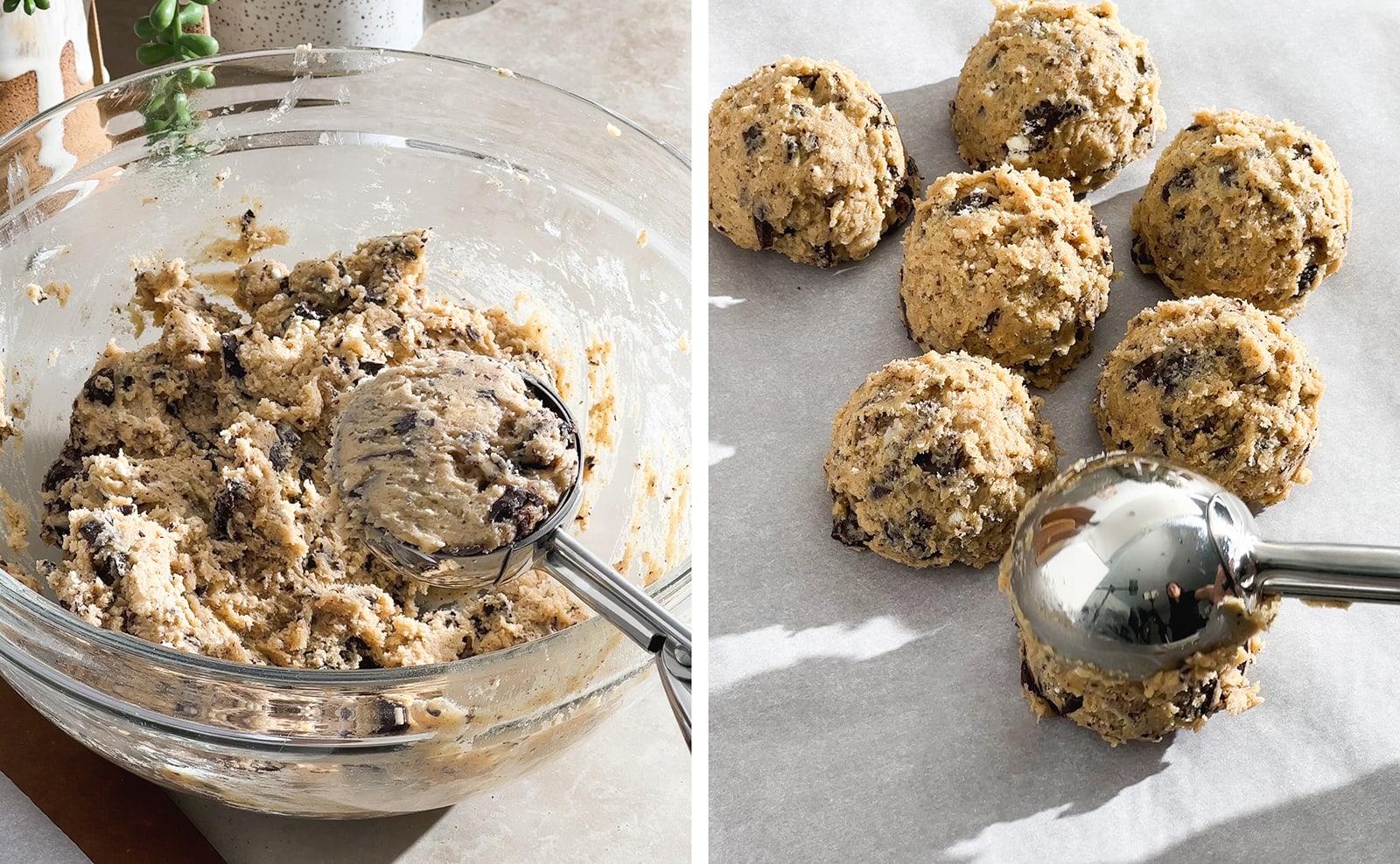 Left to right: scooping cookie dough with scooper, releasing cookie dough ball on parchment paper.