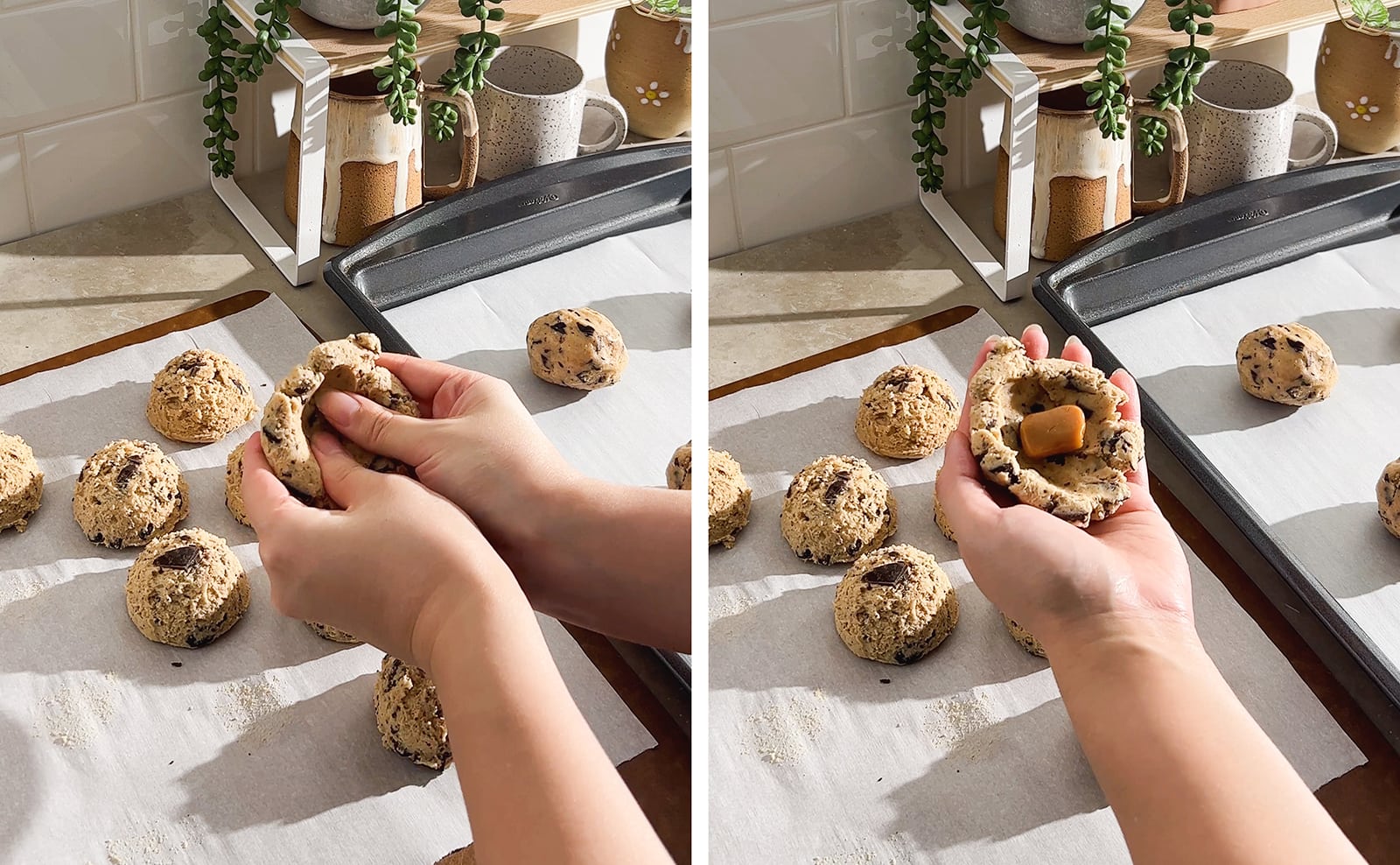 Left to right: pressing cavity into ball of cookie dough, a soft caramel candy in the middle of a ball of cookie dough.