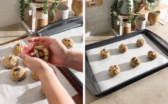 Left to right: hands pressing cookie dough together to seal opening, balls of cookie dough on baking sheet.
