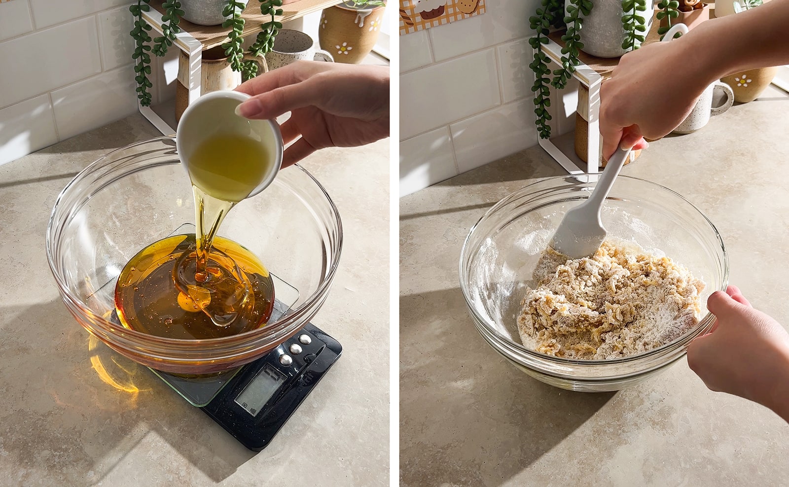Left to right: pouring oil into mixing bowl of golden syrup, mixing dough with spatula.