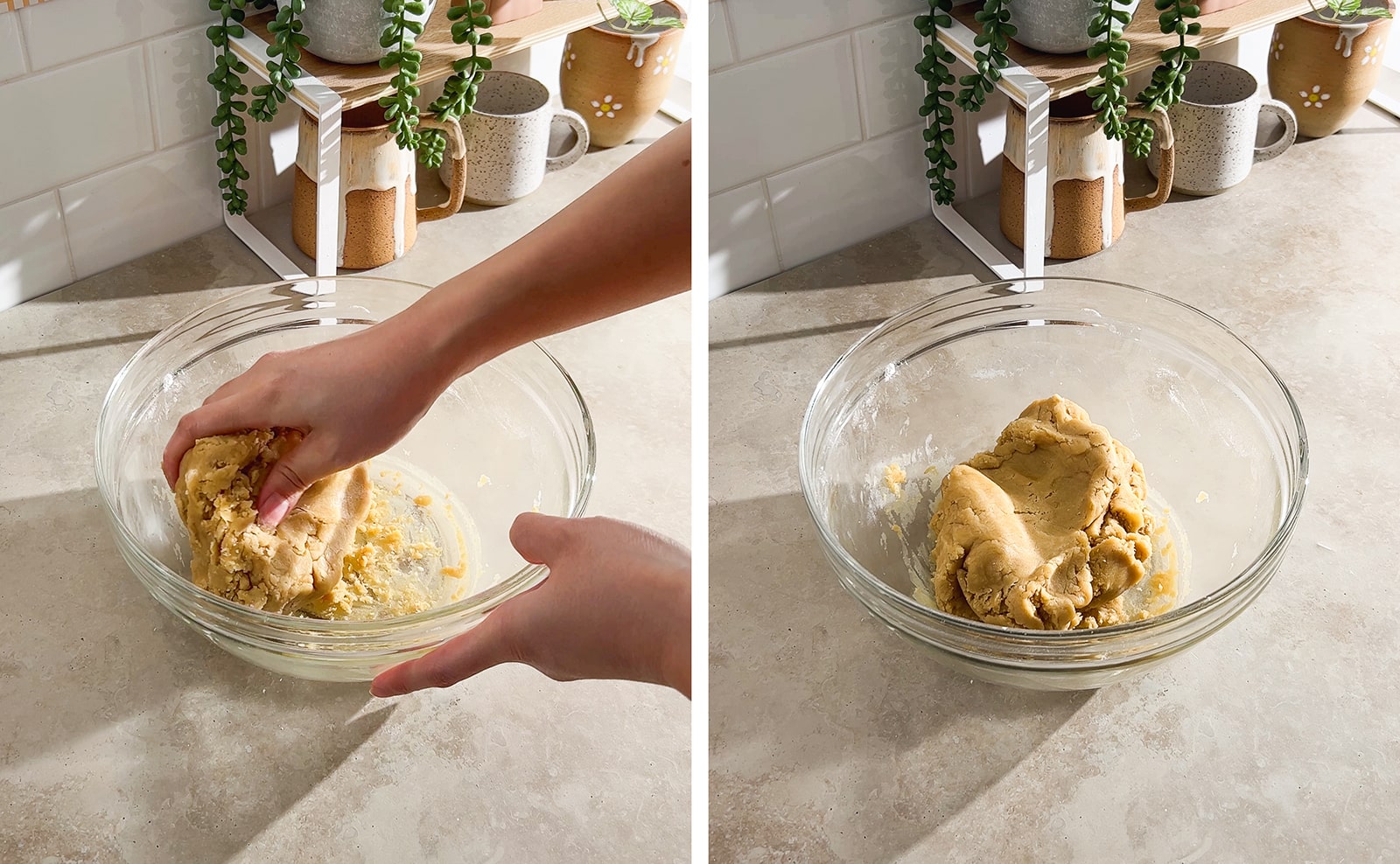 Left to right: hand kneading dough in a bowl, dough in a mixing bowl.