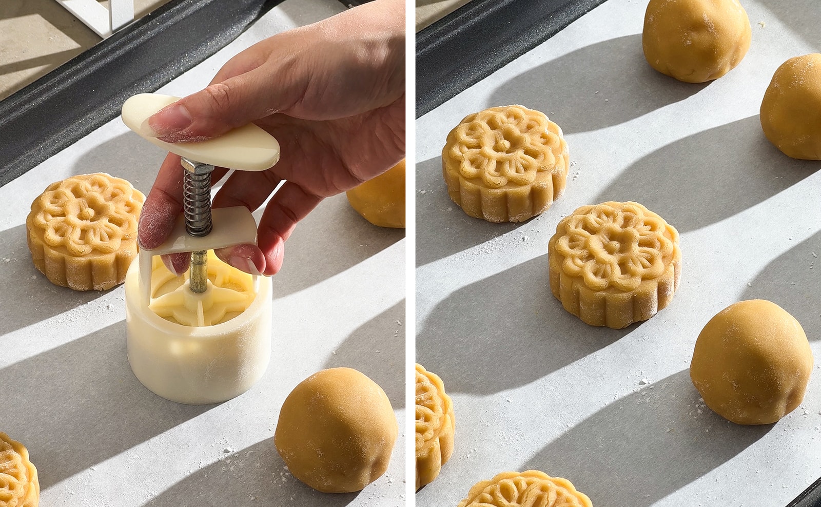 Left to right: pressing mooncake with mooncake mold plunger, mooncake with design pressed in it.