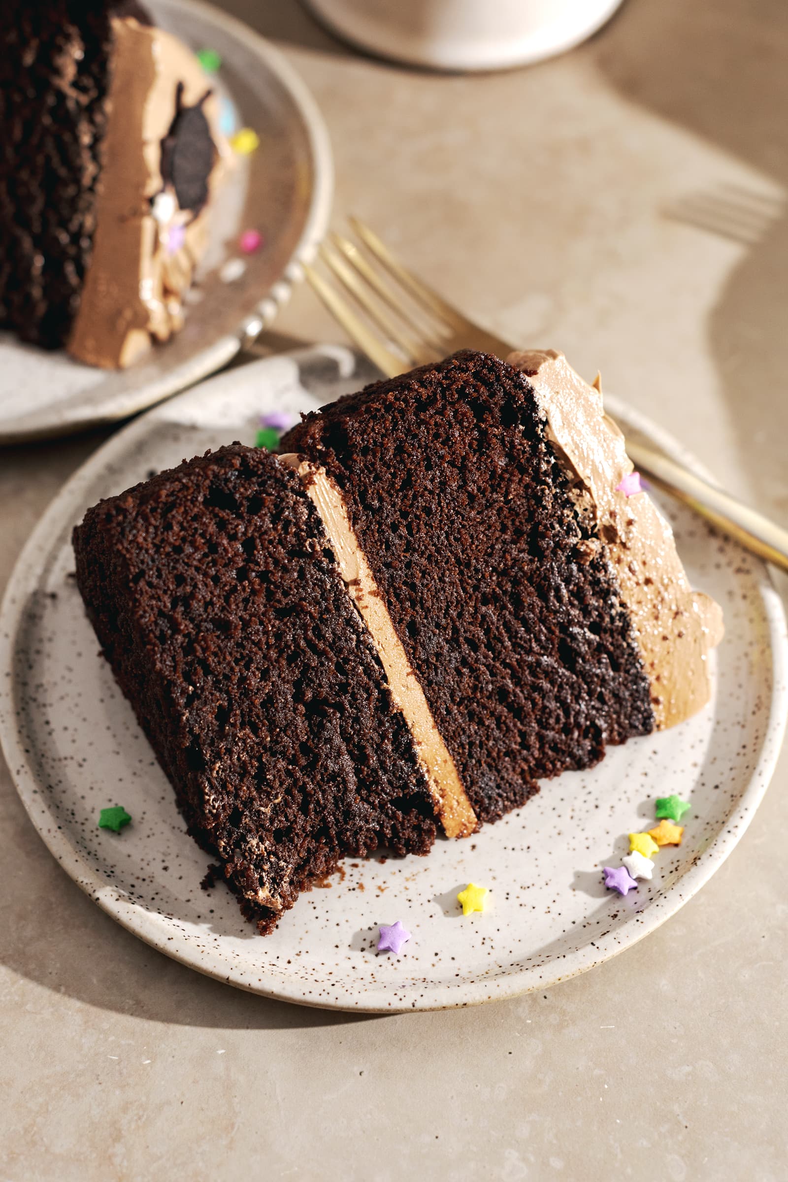 Close up of a slice of chocolate cake on a plate.