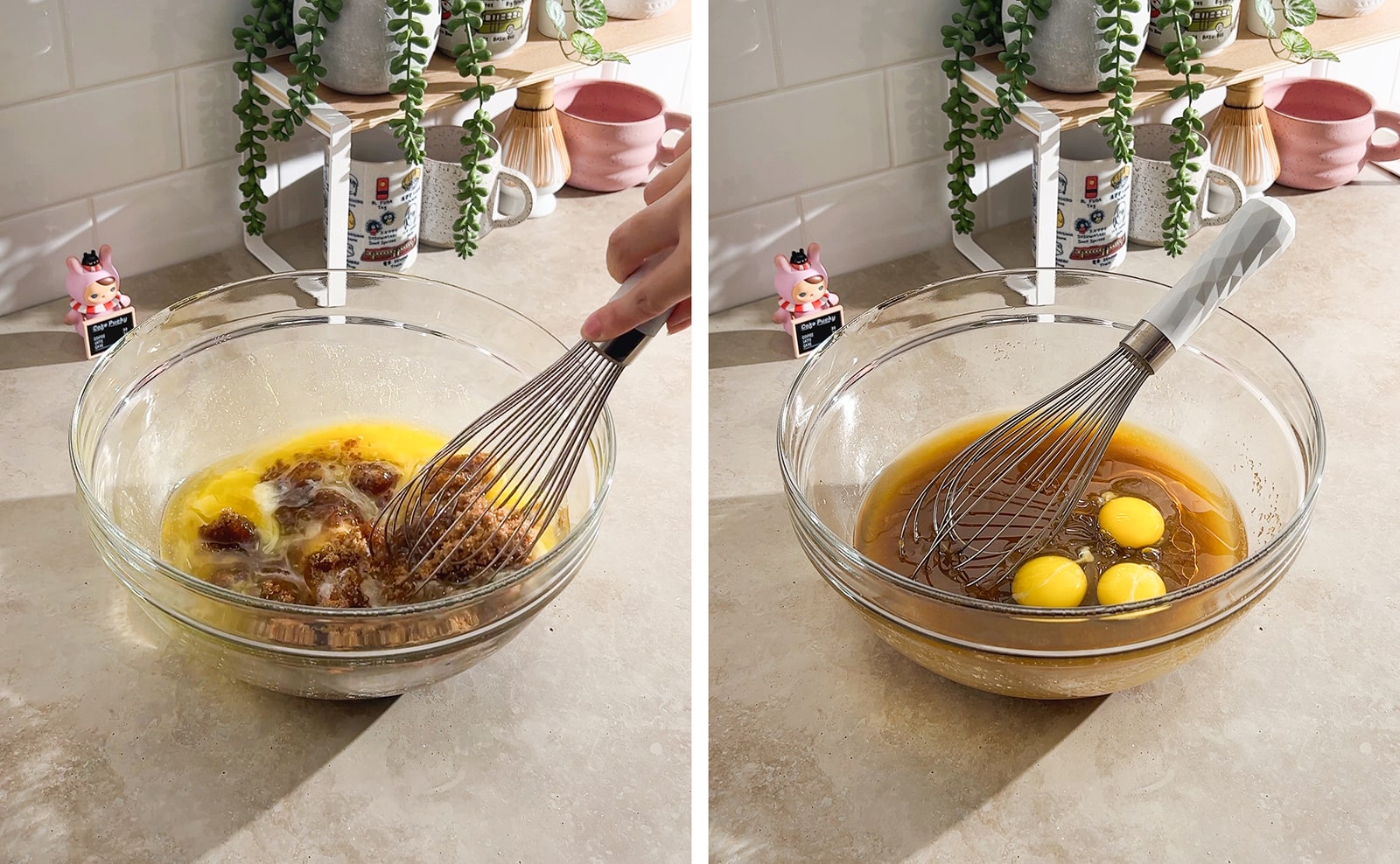 Left to right: whisking wet ingredients in a mixing bowl, whisk and eggs in a bowl of wet ingredients.