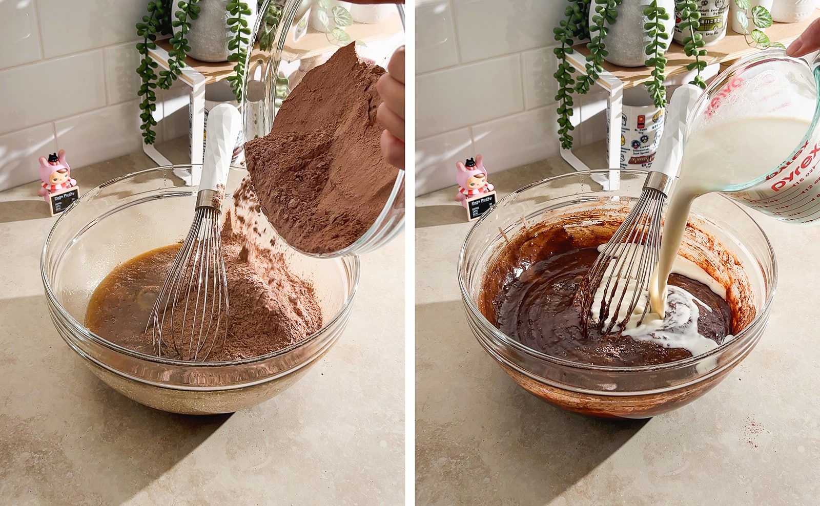 Left to right: pouring flour mixture into wet batter, pouring milk into cake batter.