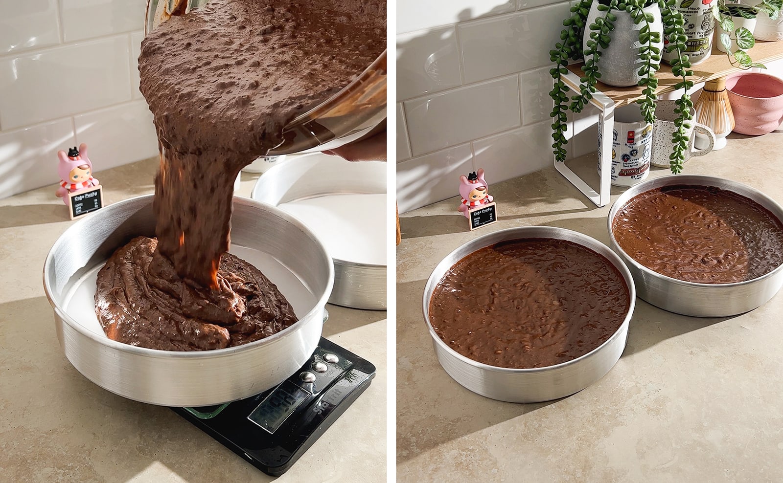 Left to right: pouring cake batter into cake pan on a scale, two cake pans filled with chocolate cake batter.