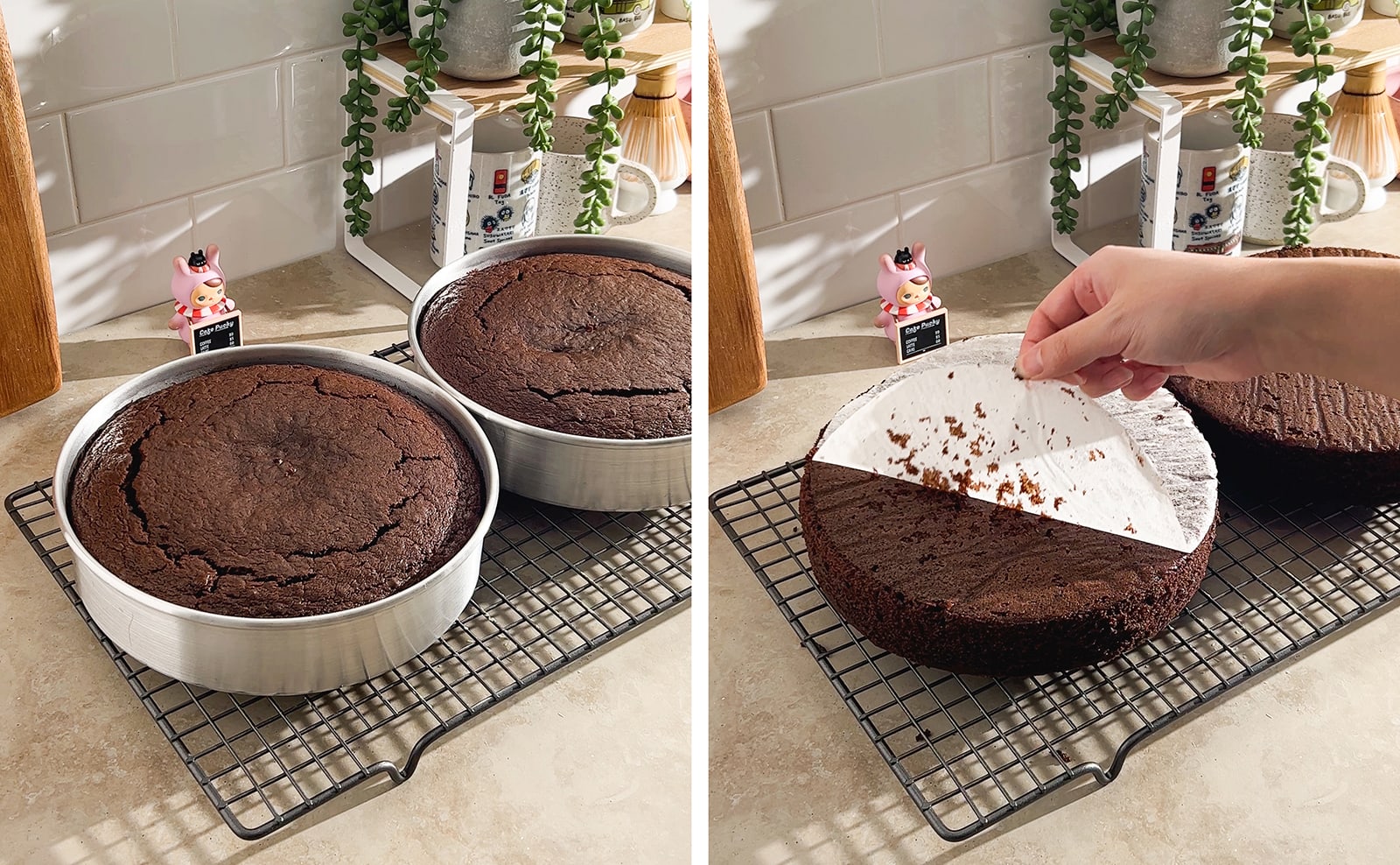 Left to right: two baked chocolate cakes on a wire rack, hand peeling parchment paper off of cake layer.