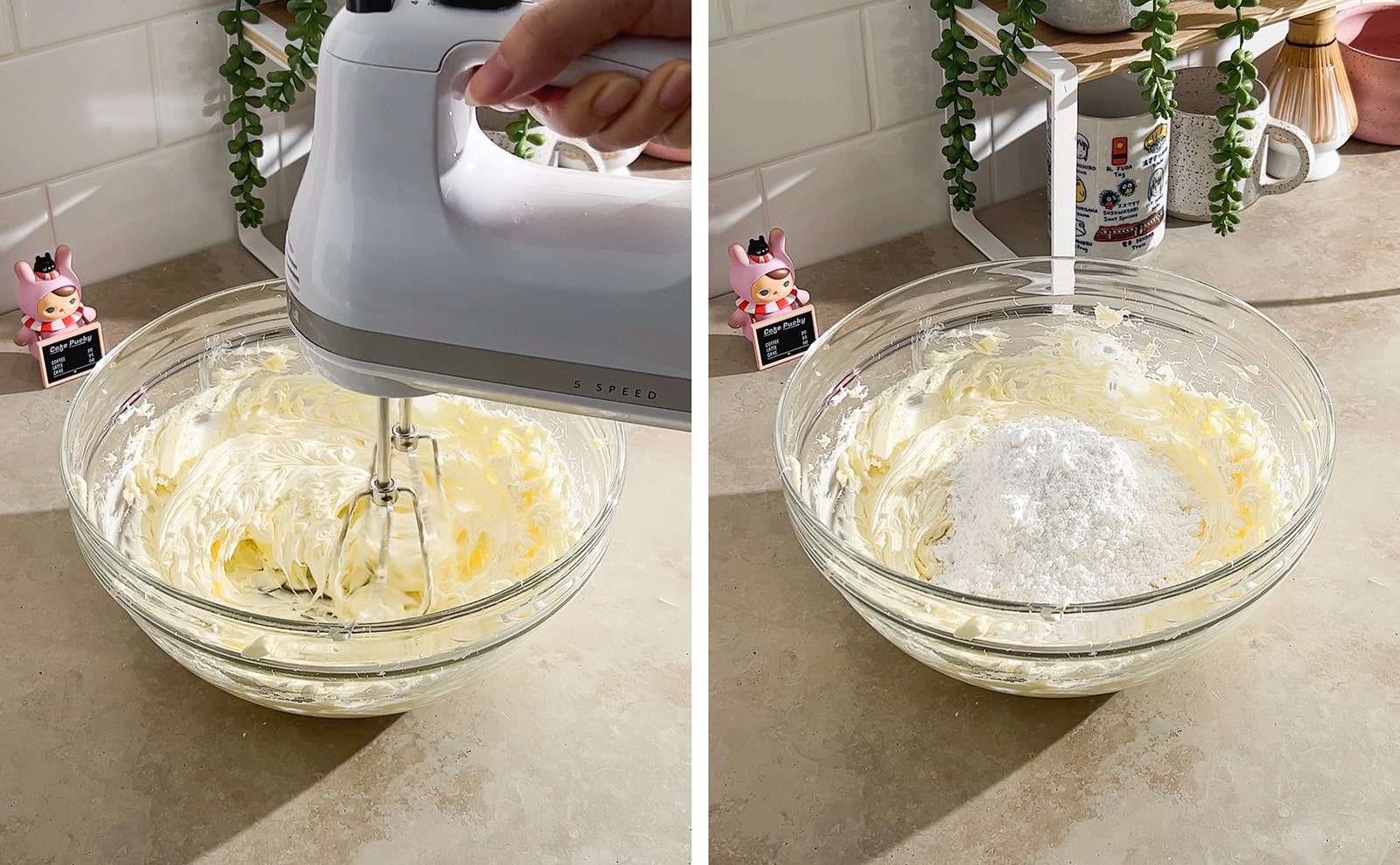 Left to right: creaming butter with a hand mixer in a bowl, butter and powdered sugar in a mixing bowl.