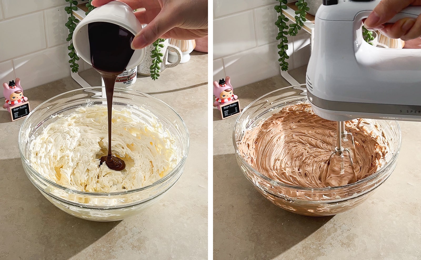 Left to right: pouring melted chocolate into buttercream, mixing chocolate buttercream with a hand mixer.