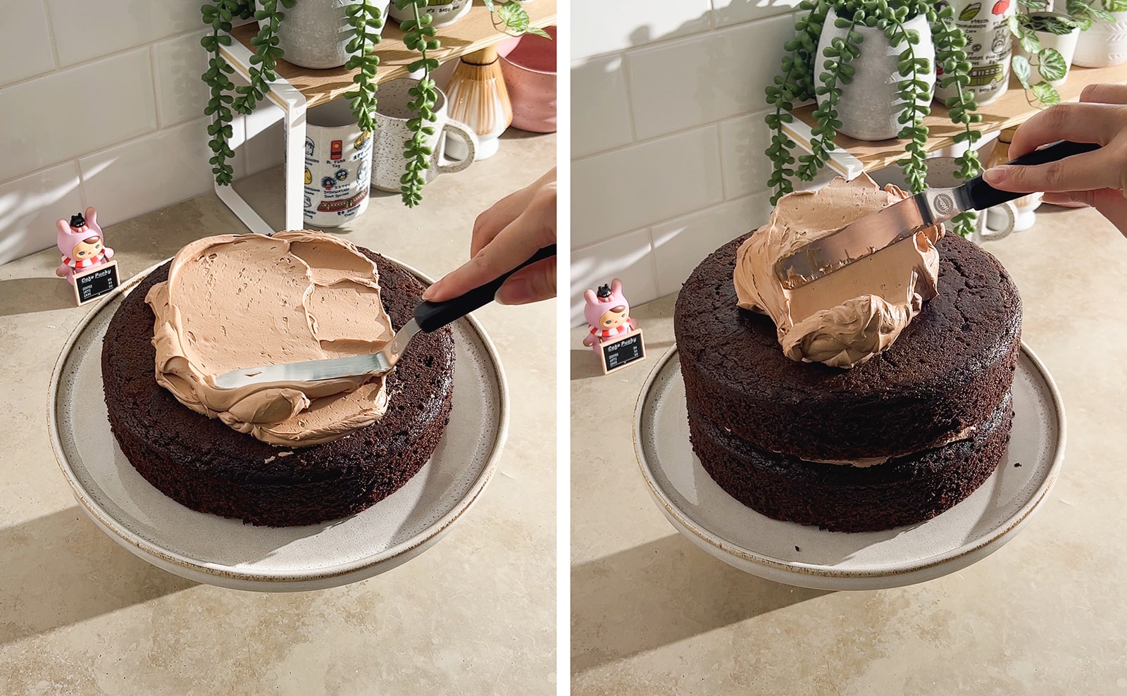 Left to right: spreading chocolate buttercream onto cake layer, spreading buttercream on top of cake.