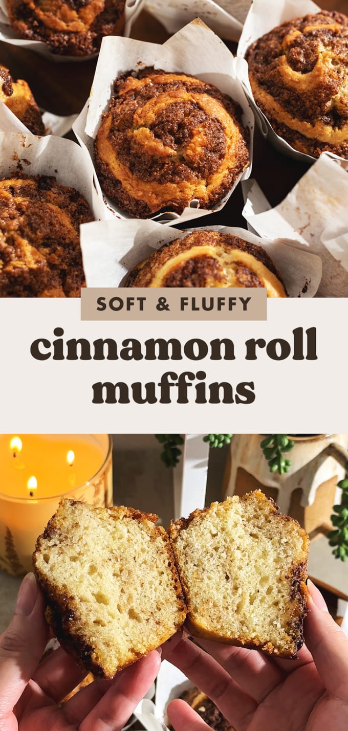 Two images of cinnamon roll muffins with text overlay that reads "soft and fluffy cinnamon roll muffin".